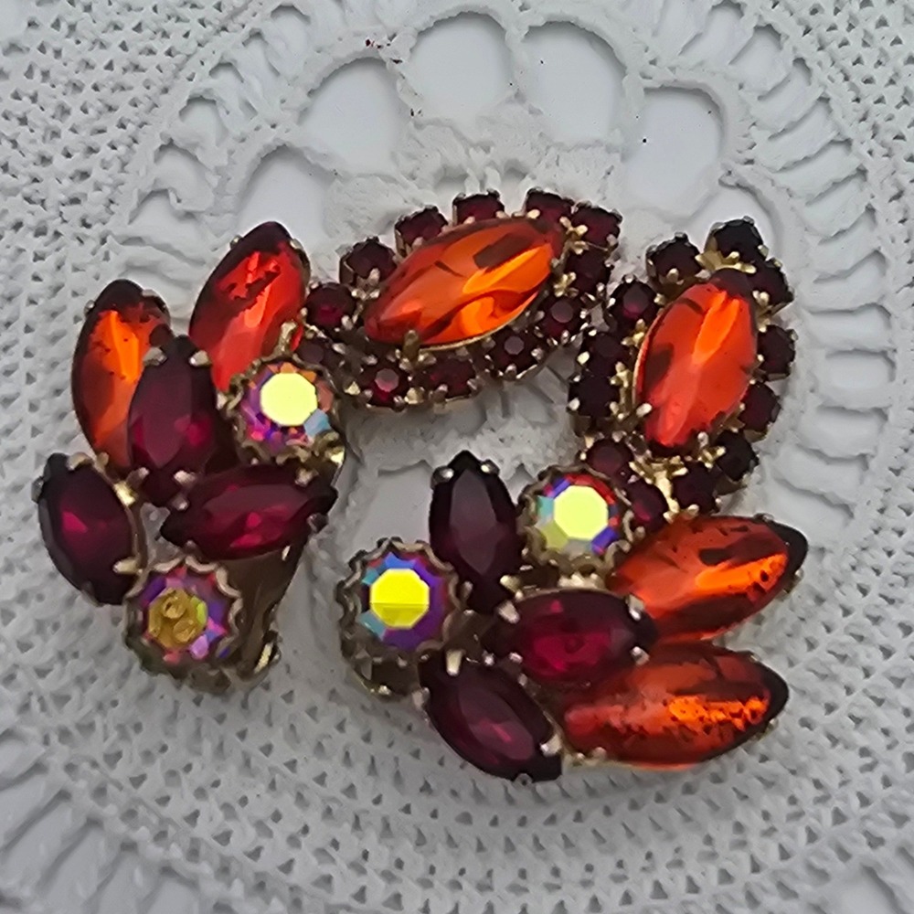 Vintage Rhinestone Navette Earrings Orange Red AB Climber Clip On Gold Tone
